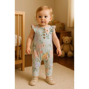 Posh Peanut Henley Romper Girls Sz 18 to 24 Month Bamboo Floral Ruffle Butt